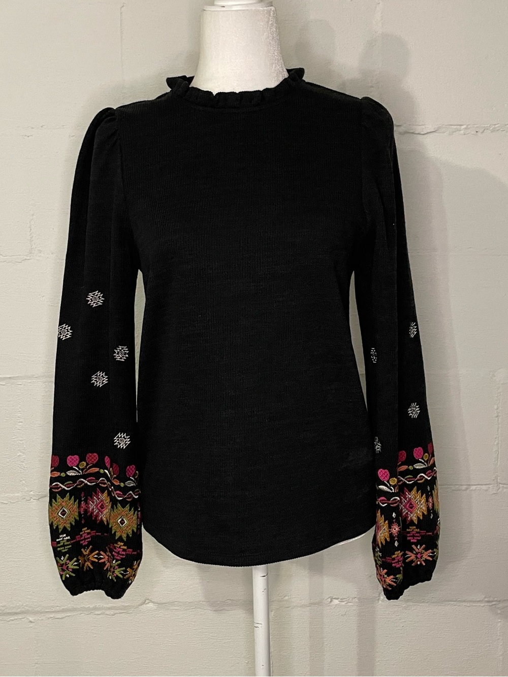 THML Black Long Sleeve Knit Top with Embroidered Balloon Sleeves